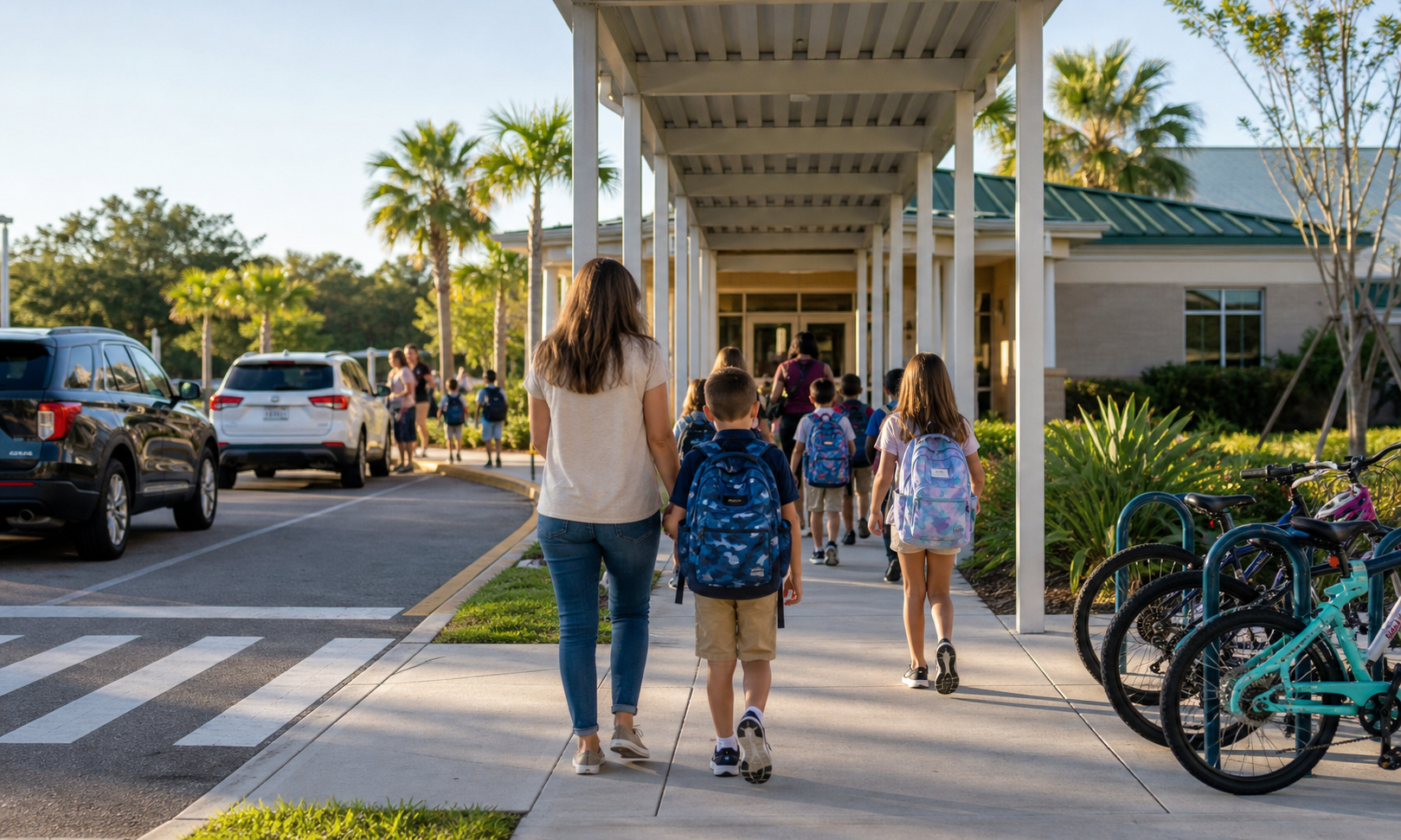 A Florida school drop-off walkway with families and backpacks